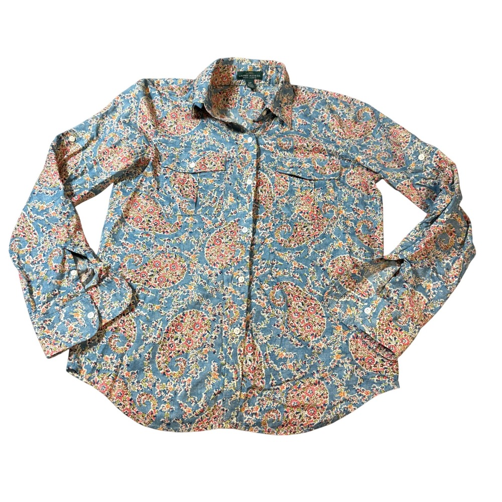 RALPH LAUREN 90's Y2K Size Small Petite Paisley Blue Pocket Shirt Vintage Collar